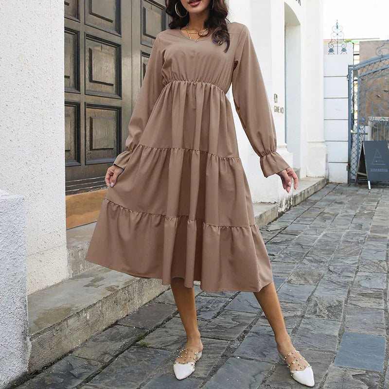 Elegant Layered Swing Full Flare Sleeves Solid Color A-line Midi Dress