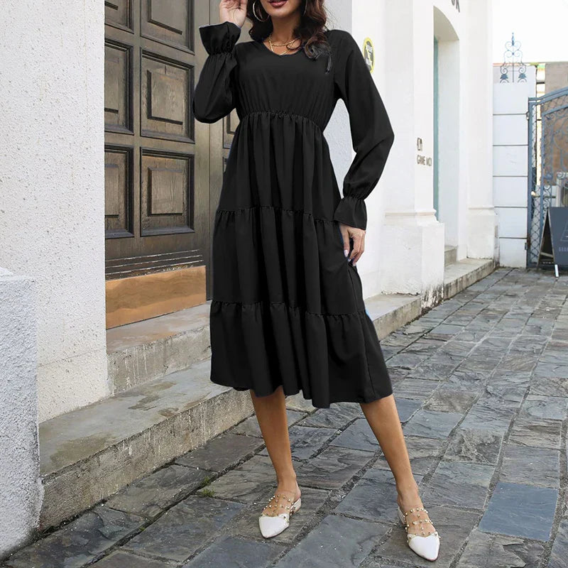 Elegant Layered Swing Full Flare Sleeves Solid Color A-line Midi Dress