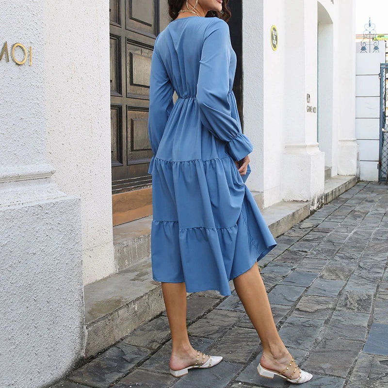 Elegant Layered Swing Full Flare Sleeves Solid Color A-line Midi Dress