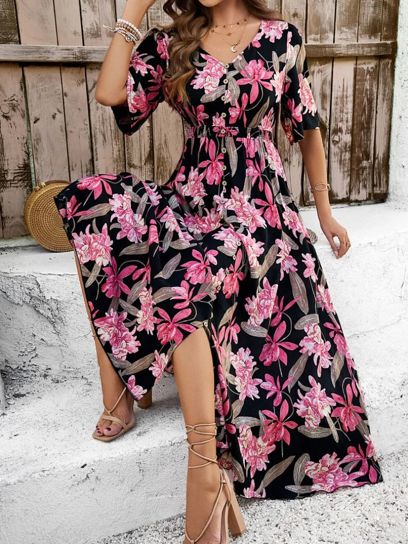 Elegant Floral Print Summer 2024 New Holiday Casual Single Breasted Split Midi Dress