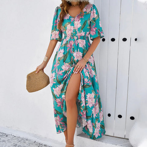 Elegant Floral Print Summer 2024 New Holiday Casual Single Breasted Split Midi Dress