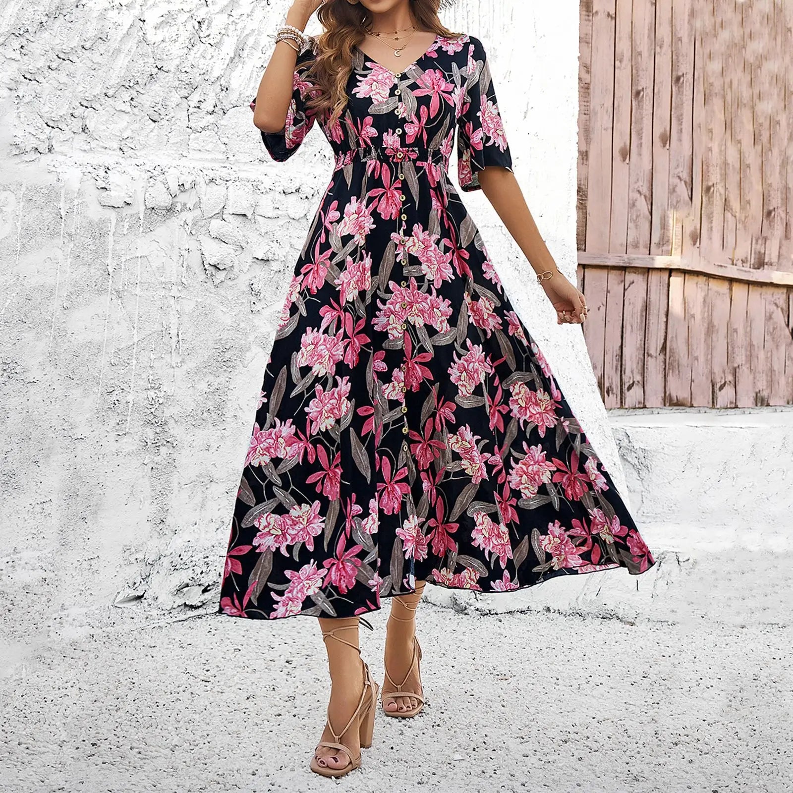 Elegant Floral Print Summer 2024 New Holiday Casual Single Breasted Split Midi Dress