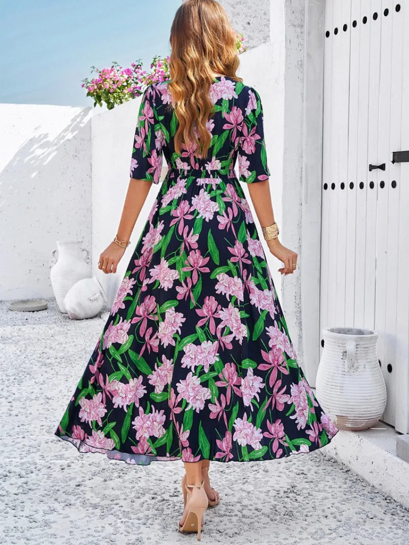 Elegant Floral Print Summer 2024 New Holiday Casual Single Breasted Split Midi Dress