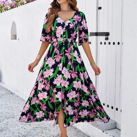 Elegant Floral Print Summer 2024 New Holiday Casual Single Breasted Split Midi Dress