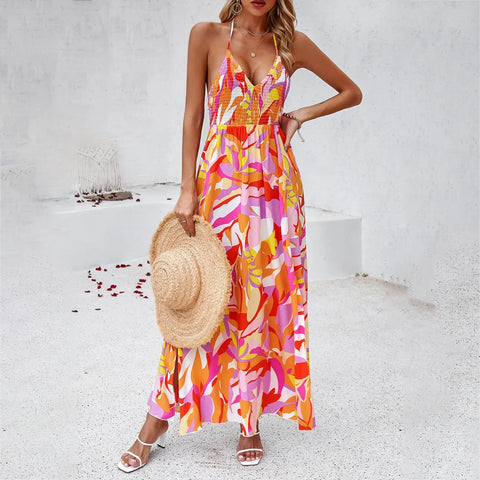 Elegant Floral Print Sling Skinny Sleeveless Split Midi Dress