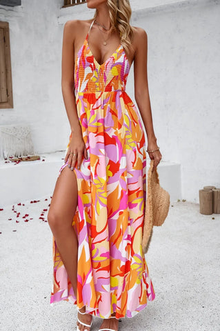 Elegant Floral Print Sling Skinny Sleeveless Split Midi Dress