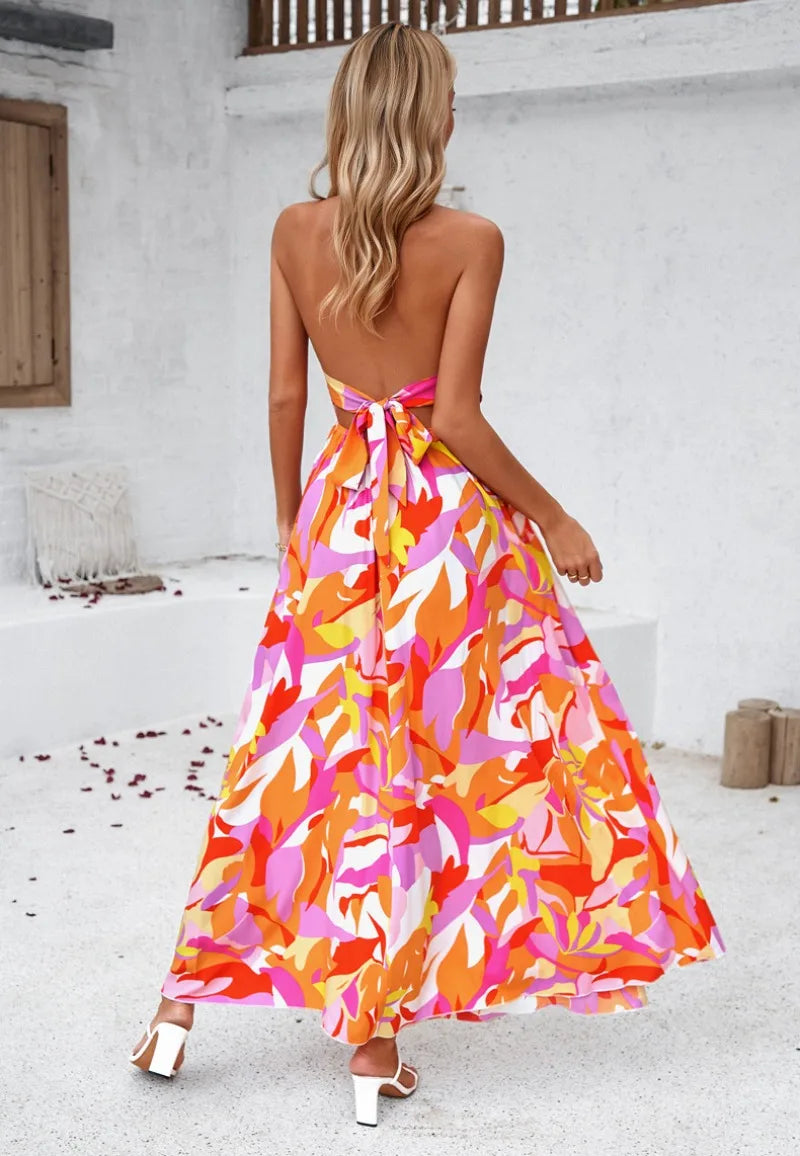 Elegant Floral Print Sling Skinny Sleeveless Split Midi Dress