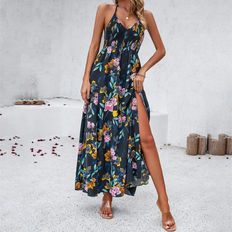 Elegant Floral Print Sling Skinny Sleeveless Split Midi Dress