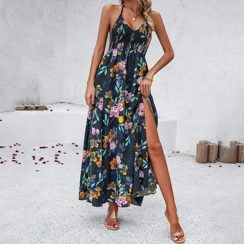 Elegant Floral Print Sling Skinny Sleeveless Split Midi Dress