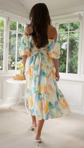 Elegant Floral Print Summer 2024 New Square Neck Short Puff Sleeve Elastic High Waist Midi Dress