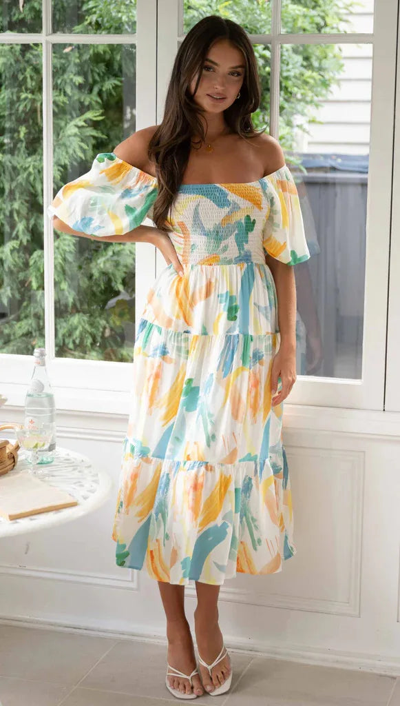 Elegant Floral Print Summer 2024 New Square Neck Short Puff Sleeve Elastic High Waist Midi Dress