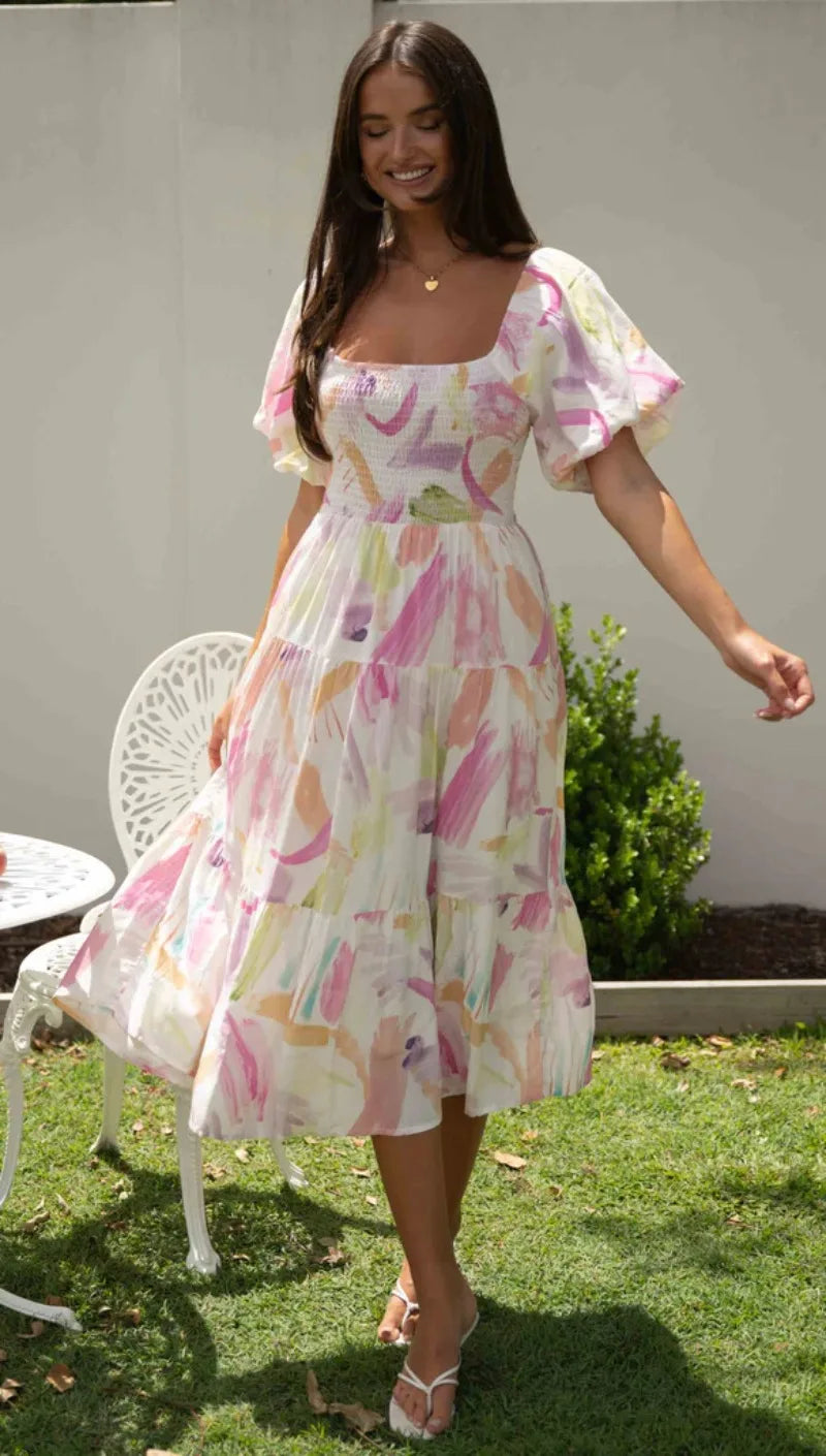 Elegant Floral Print Summer 2024 New Square Neck Short Puff Sleeve Elastic High Waist Midi Dress