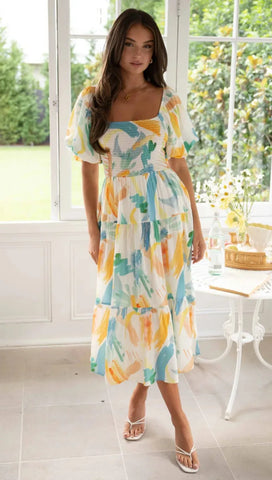 Elegant Floral Print Summer 2024 New Square Neck Short Puff Sleeve Elastic High Waist Midi Dress