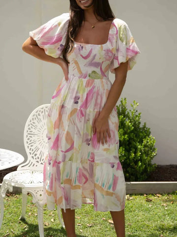 Elegant Floral Print Summer 2024 New Square Neck Short Puff Sleeve Elastic High Waist Midi Dress