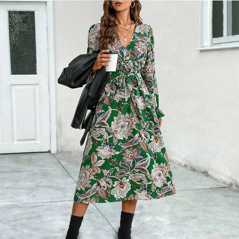 Elegant Floral Cross V-neck Flare Sleeves Lace-up Midi Dress