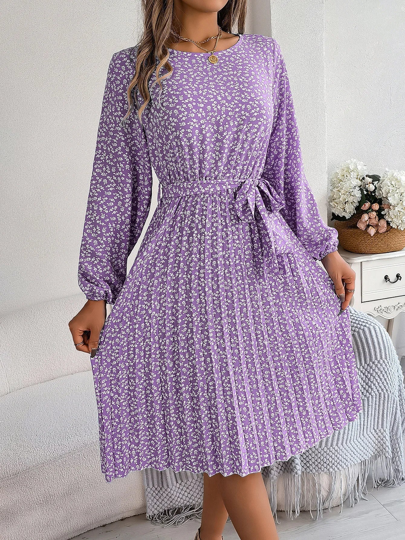 Elegant Floral Print Full Lantern Sleeves Lace up Pleated Midi Dress