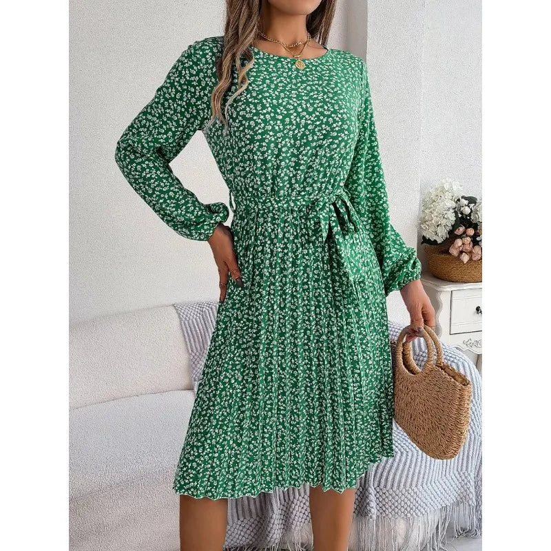 Elegant Floral Print Full Lantern Sleeves Lace up Pleated Midi Dress