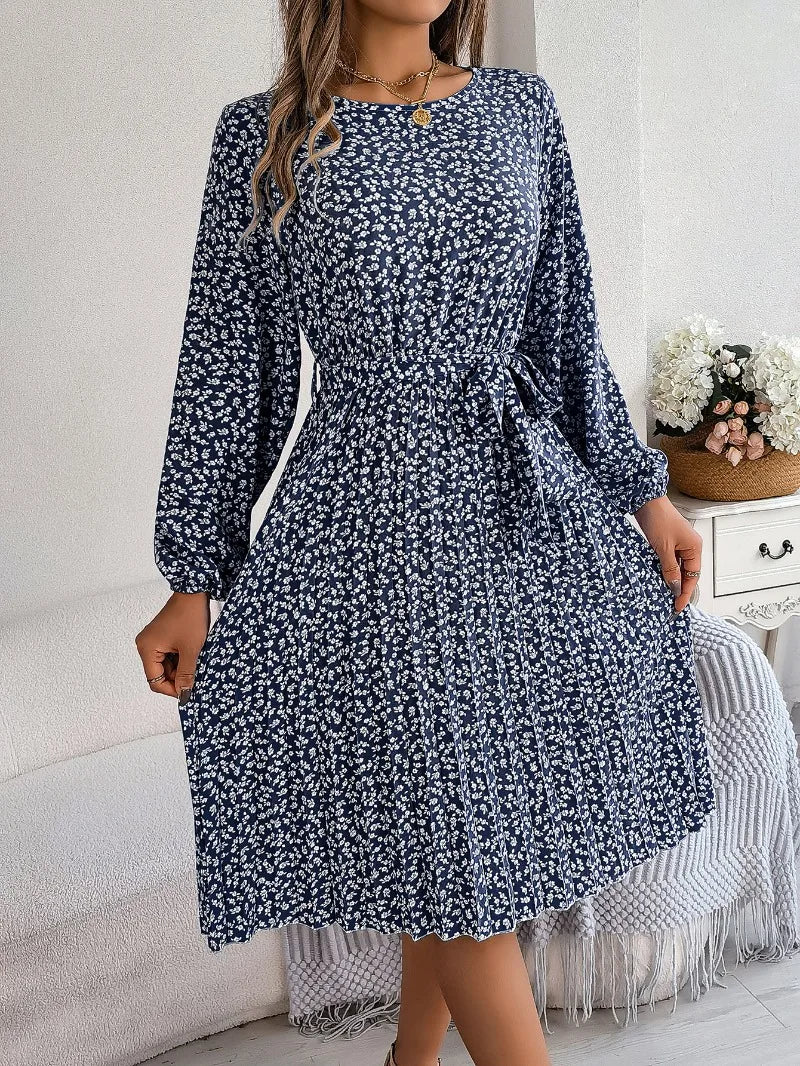 Elegant Floral Print Full Lantern Sleeves Lace up Pleated Midi Dress