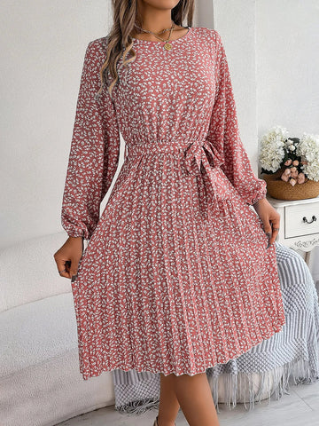 Elegant Floral Print Full Lantern Sleeves Lace up Pleated Midi Dress