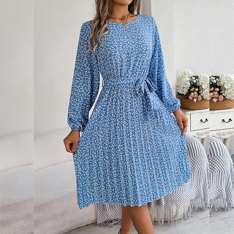 Elegant Floral Print Full Lantern Sleeves Lace up Pleated Midi Dress