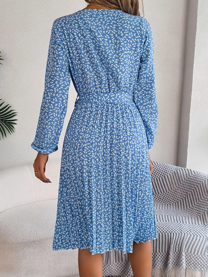 Elegant Floral Print Full Lantern Sleeves Lace up Pleated Midi Dress