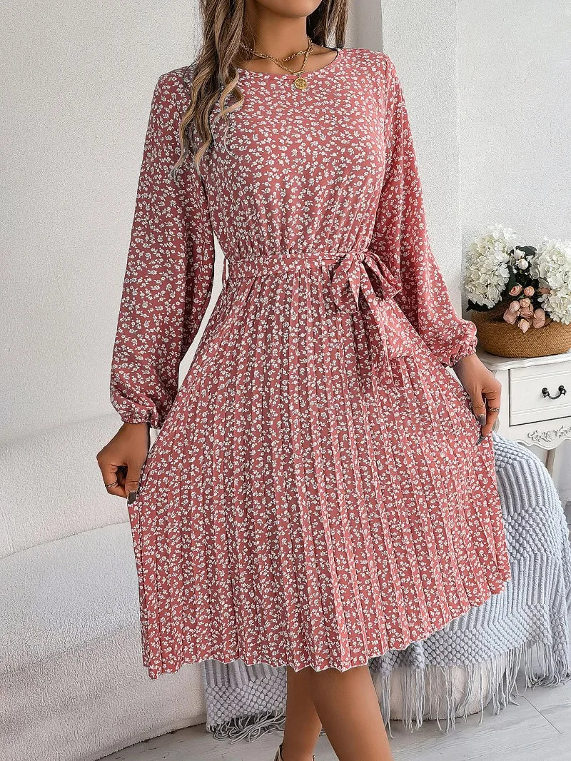 Elegant Floral Print Full Lantern Sleeves Lace up Pleated Midi Dress