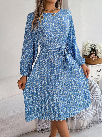 Elegant Floral Print Full Lantern Sleeves Lace up Pleated Midi Dress