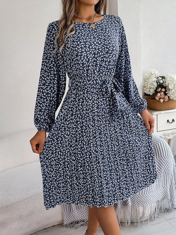 Elegant Floral Print Full Lantern Sleeves Lace up Pleated Midi Dress