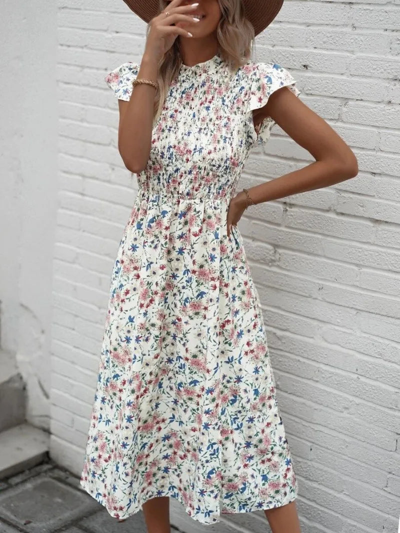 Elegant Floral Print O-neck Short Sleeve Elastic High Waist Split Midi Dress