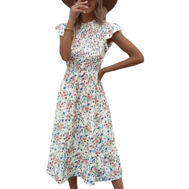 Elegant Floral Print O-neck Short Sleeve Elastic High Waist Split Midi Dress