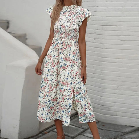 Elegant Floral Print O-neck Short Sleeve Elastic High Waist Split Midi Dress