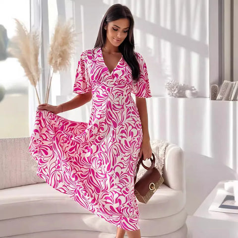 Elegant Floral Prints Summer Midi Dress 2024 New Skinny V-neck Short Sleeved High Waisted Midi Dress