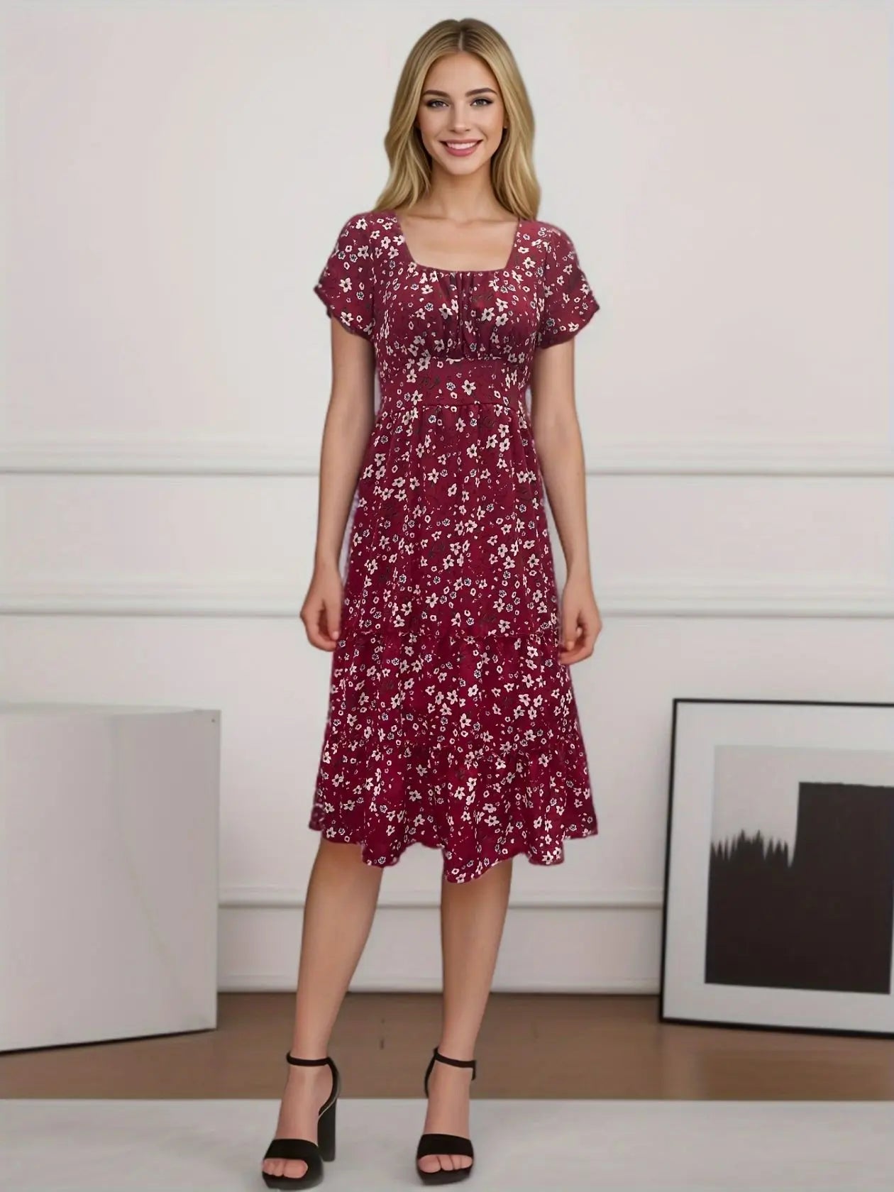 Elegant Floral Prints Square Neck Short Puff Sleeve Midi Dress