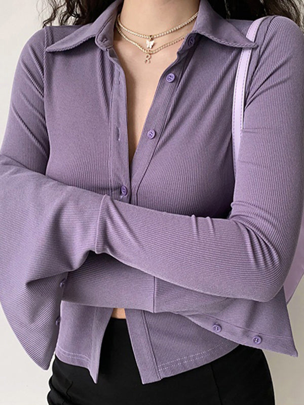Polo Neck Long Sleeve Rib Blouse