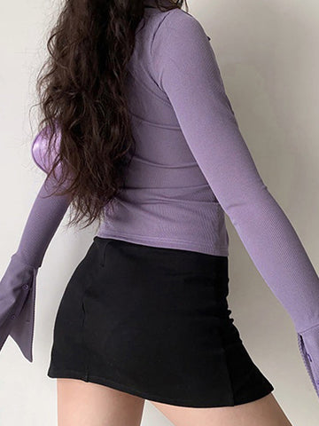 Polo Neck Long Sleeve Rib Blouse
