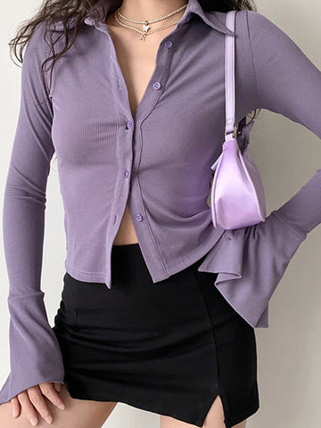 Polo Neck Long Sleeve Rib Blouse
