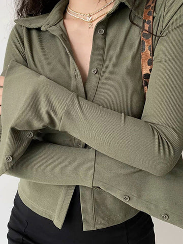 Polo Neck Long Sleeve Rib Blouse