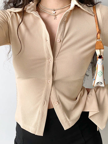 Polo Neck Long Sleeve Rib Blouse