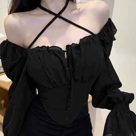 French Sexy Slim Ruffle Elegant Female Blouse