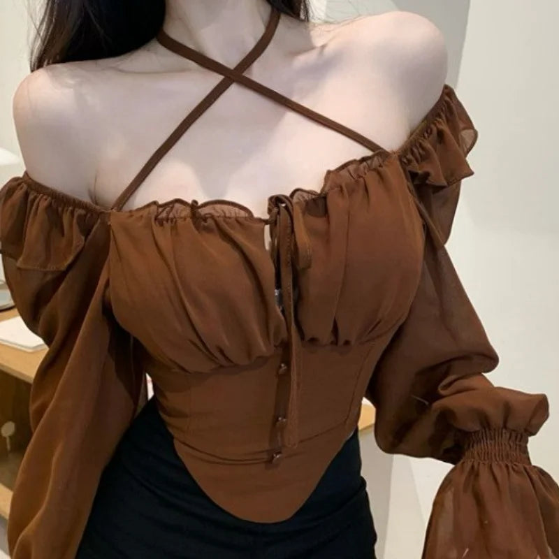 French Sexy Slim Ruffle Elegant Female Blouse