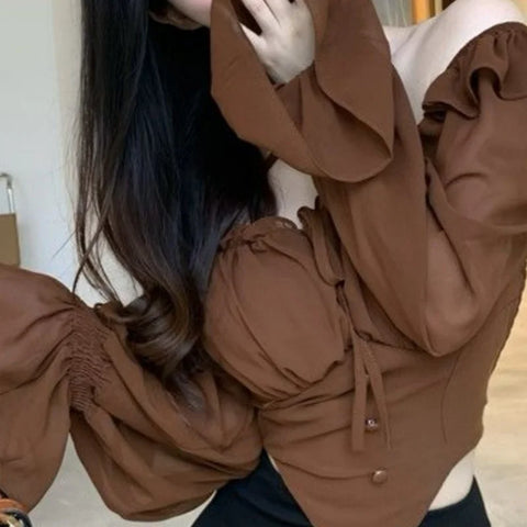 French Sexy Slim Ruffle Elegant Female Blouse