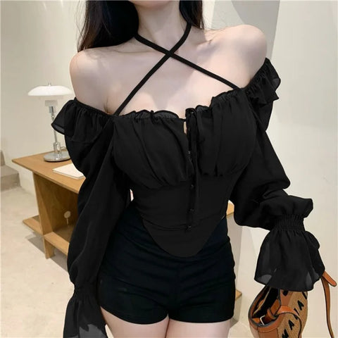 French Sexy Slim Ruffle Elegant Female Blouse