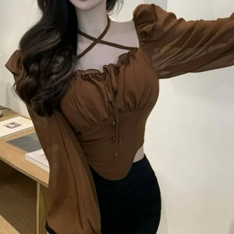 French Sexy Slim Ruffle Elegant Female Blouse