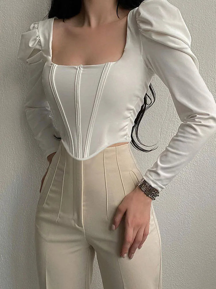 Square Collar Irregular Long Sleeve Solid Crop Top