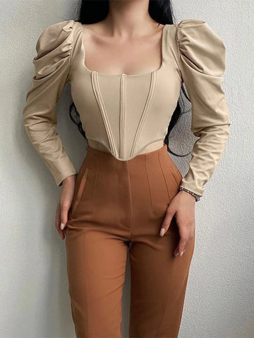 Square Collar Irregular Long Sleeve Solid Crop Top