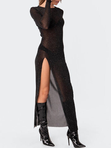 Glitter Mesh Split Long Sleeve Maxi Dress