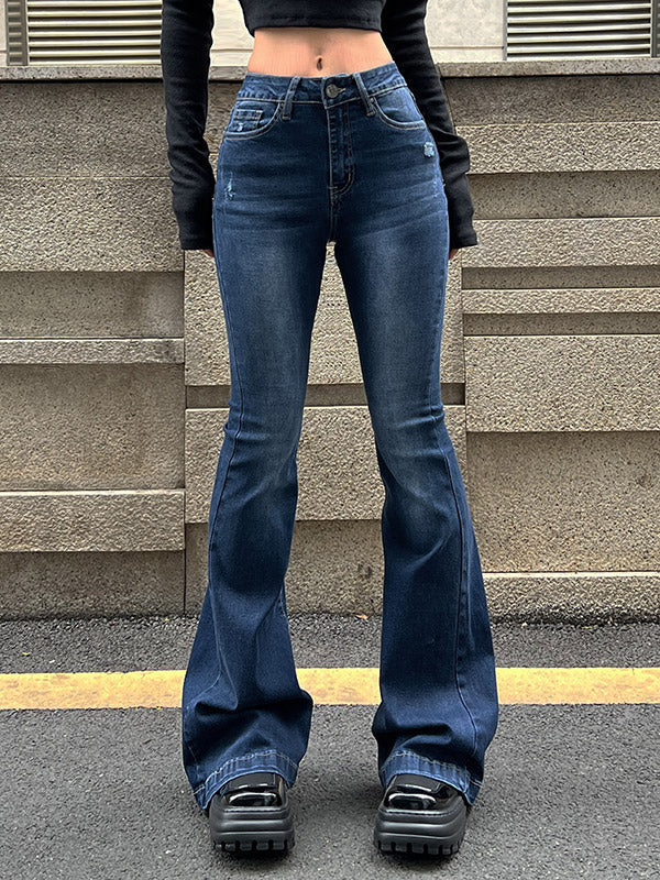 Blue Wash Distressed Stretch Flare Jeans