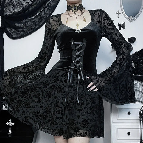 Dark Vintage Gothic Velvet Dresses Grunge Punk Style Flocked Bandage Flare Sleeve Party Dress