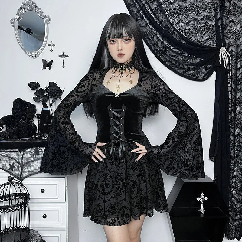 Dark Vintage Gothic Velvet Dresses Grunge Punk Style Flocked Bandage Flare Sleeve Party Dress