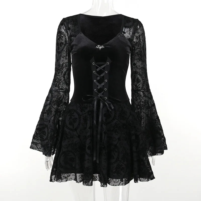 Dark Vintage Gothic Velvet Dresses Grunge Punk Style Flocked Bandage Flare Sleeve Party Dress